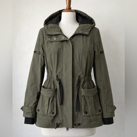 Blanc Noir Olive Green Hooded Utility Jacket Womens L Stretch Moto Anorak Coat - Picture 2 of 14